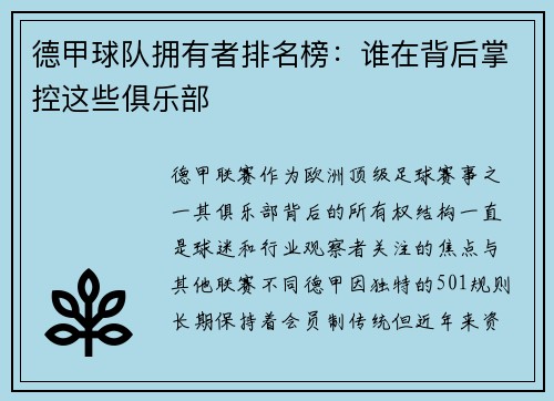 德甲球队拥有者排名榜：谁在背后掌控这些俱乐部